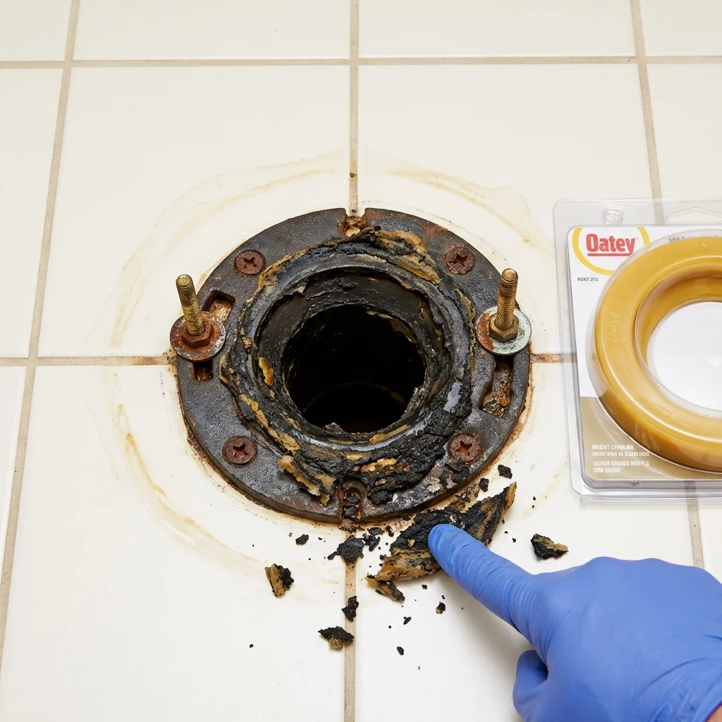 Failed wax ring showing water seepage at the base of a toilet in a Dallas, GA home