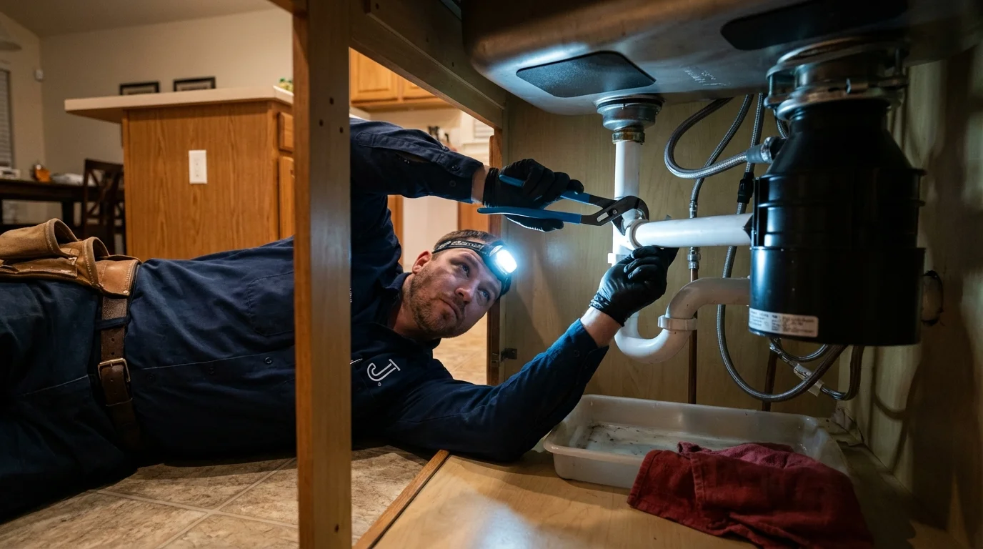 P-trap and supply line connections under a kitchen sink showing a common leak point in Dallas, GA